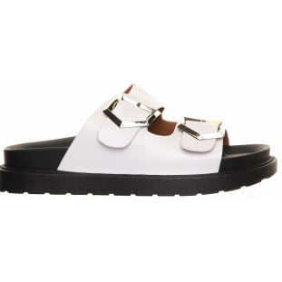 White Twin Buckle Black Sole Foot Bed Sandal