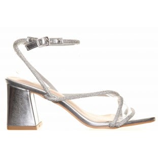 Silver Diamante Strappy Block Heel Sandal