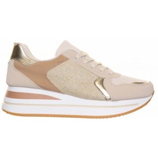 Beige Wedge Lace Up Panel Trainer