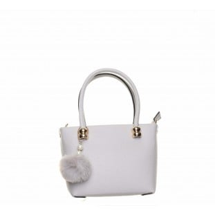 Grey Small Handbag With Fur Pom Pom