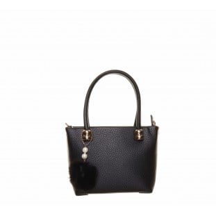 Black Small Handbag With Fur Pom Pom