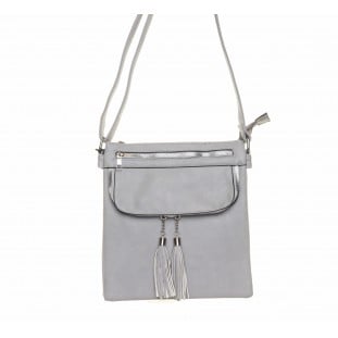 Grey Flap Over  Tassel Trim Crossbody Bag