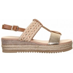 Gold Low Wedge Embroidered Strap Sandal