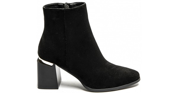 Black Suedette Block Heel Ankle Boot Metallic Insert