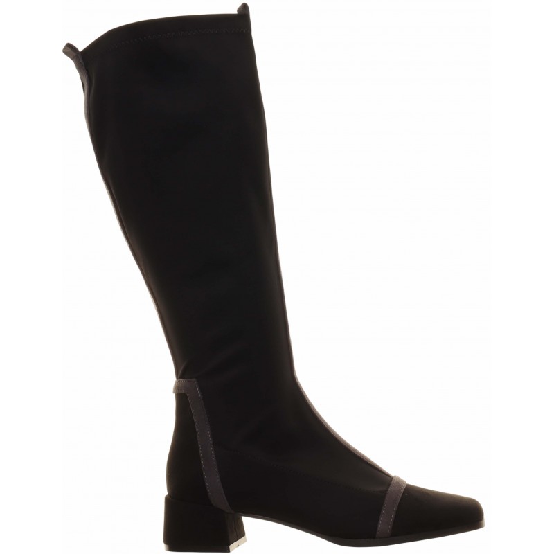 Black Knee High Panel Boot Low Heel