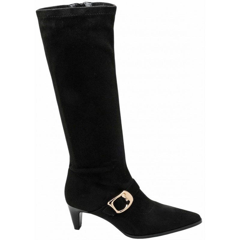 Black Mid Heel Buckle Trim Knee High Boots