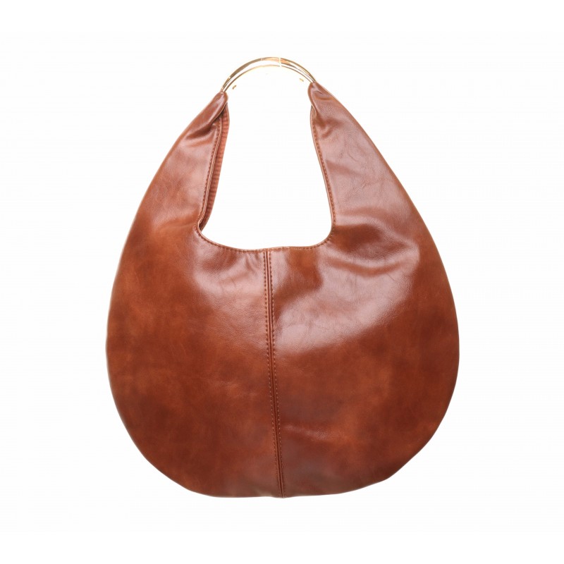 Tan Circular Pouch Metal Handle Bag