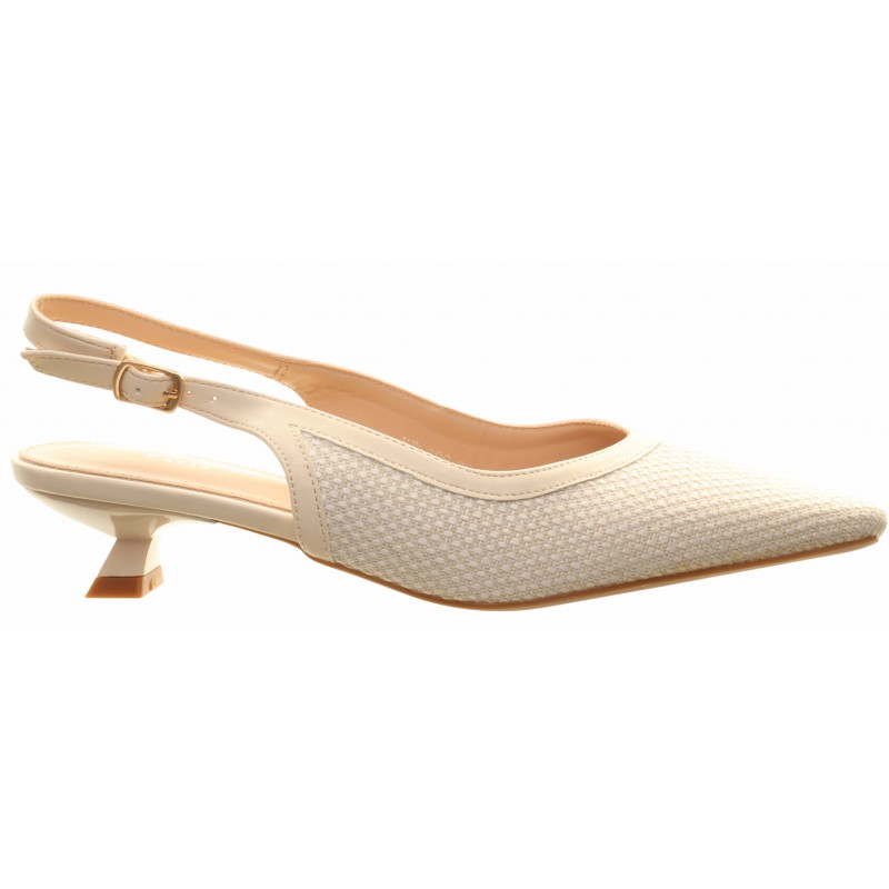 Beige Hessian Print Kittten Heel Sling Back Court
