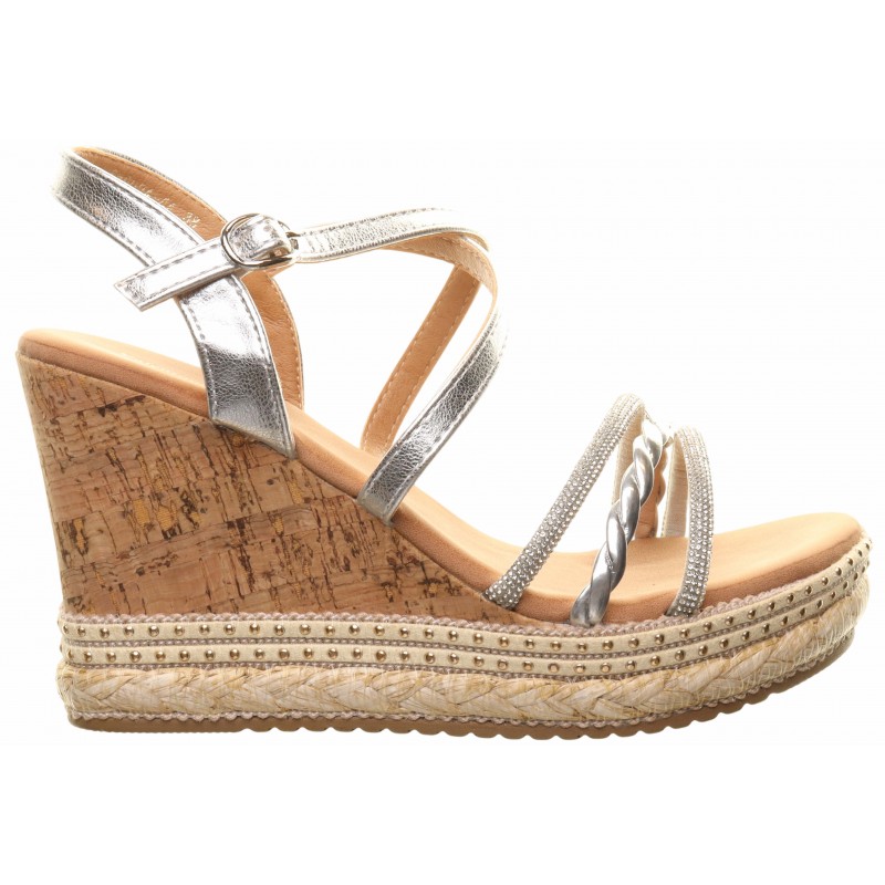 Silver High Cork Wedge Diamante Strappy Sandals