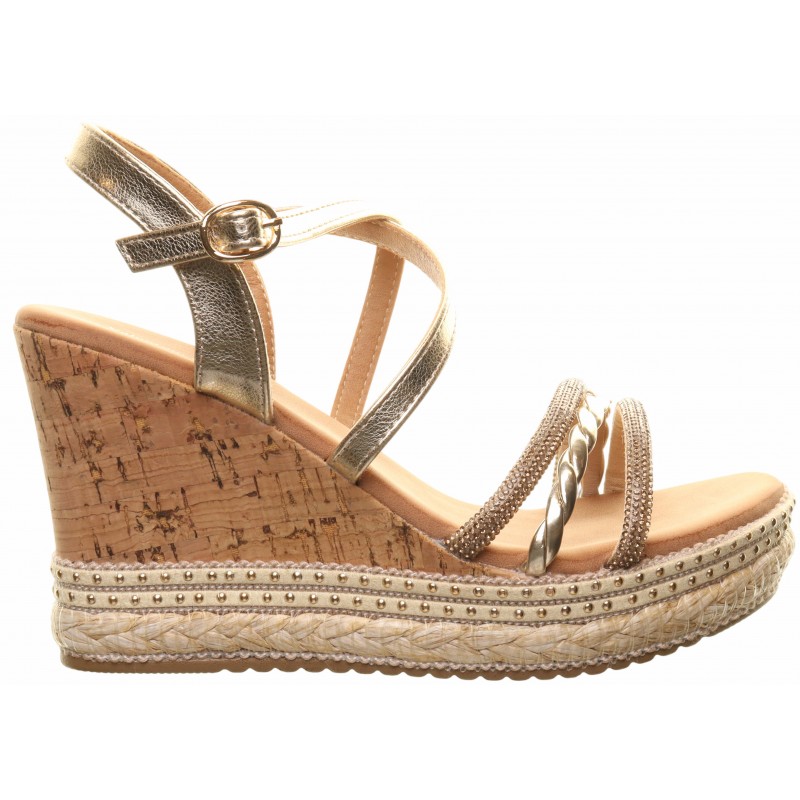 Gold High Cork Wedge Diamante Strappy Sandals
