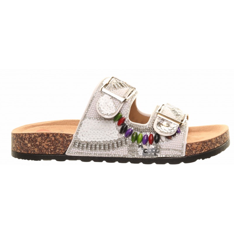 Heavenly Feet White Two Strap Gem Covered Foot-Bed Sandal