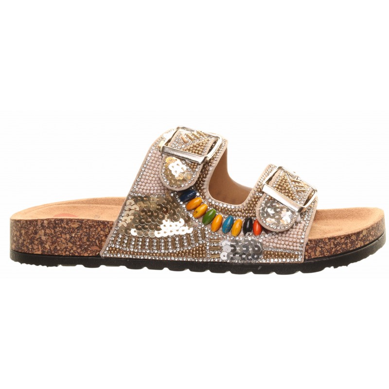 Heavenly Feet Beige Two Strap Gem Covered Foot-Bed Sandals