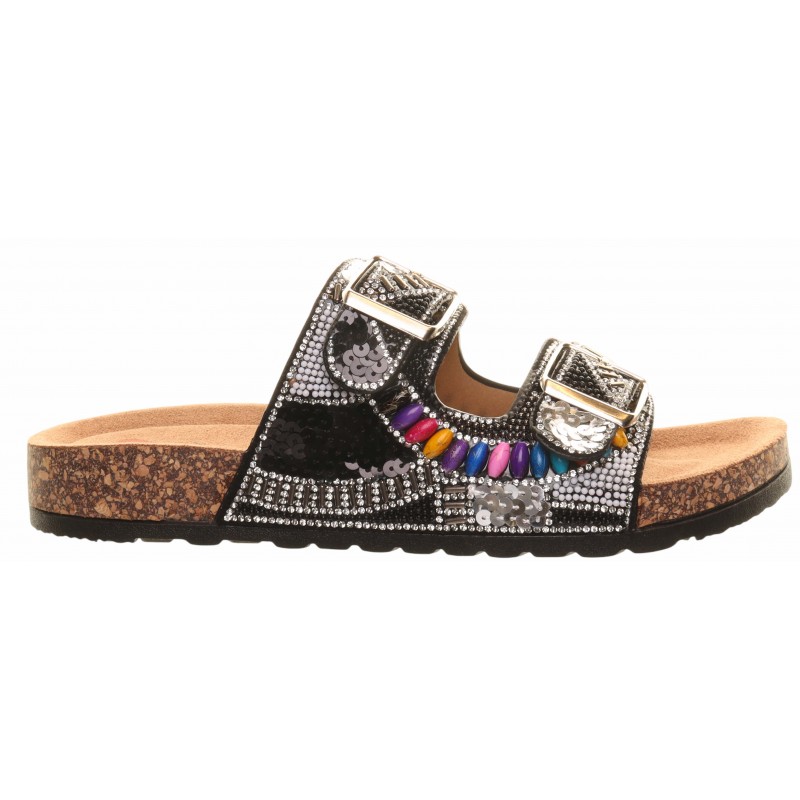 Heavenly Feet Black Two Strap Gem Covered Foot-Bed Sandal