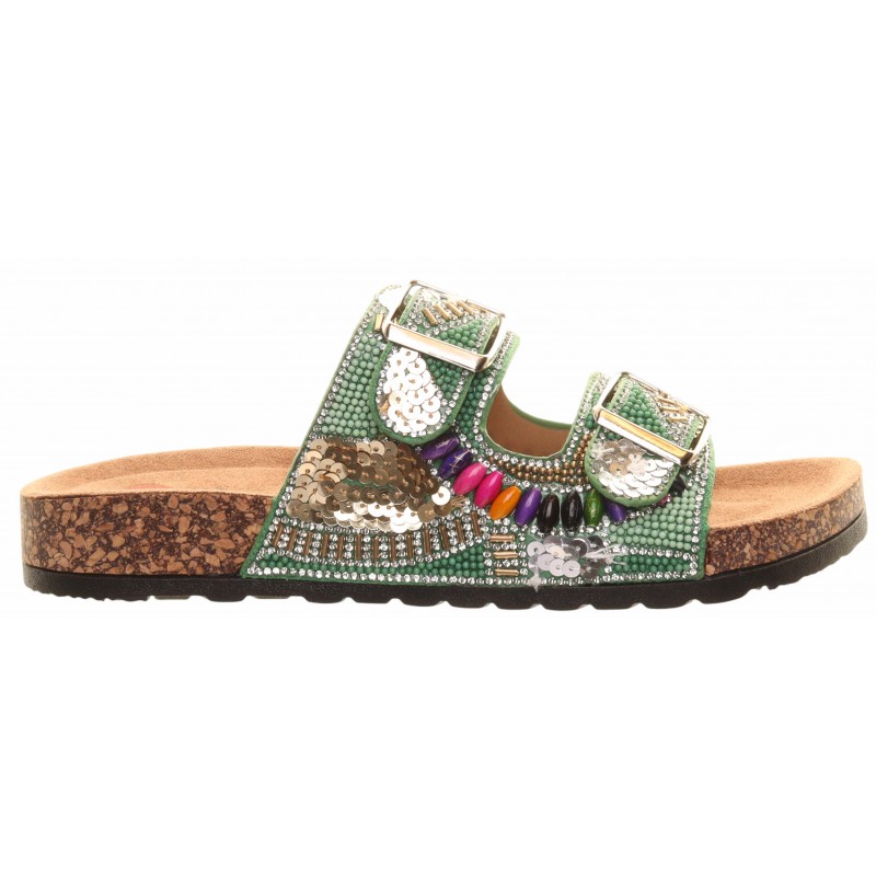 Heavenly Feet Green Two Strap Gem Covered Foot-Bed Sandal