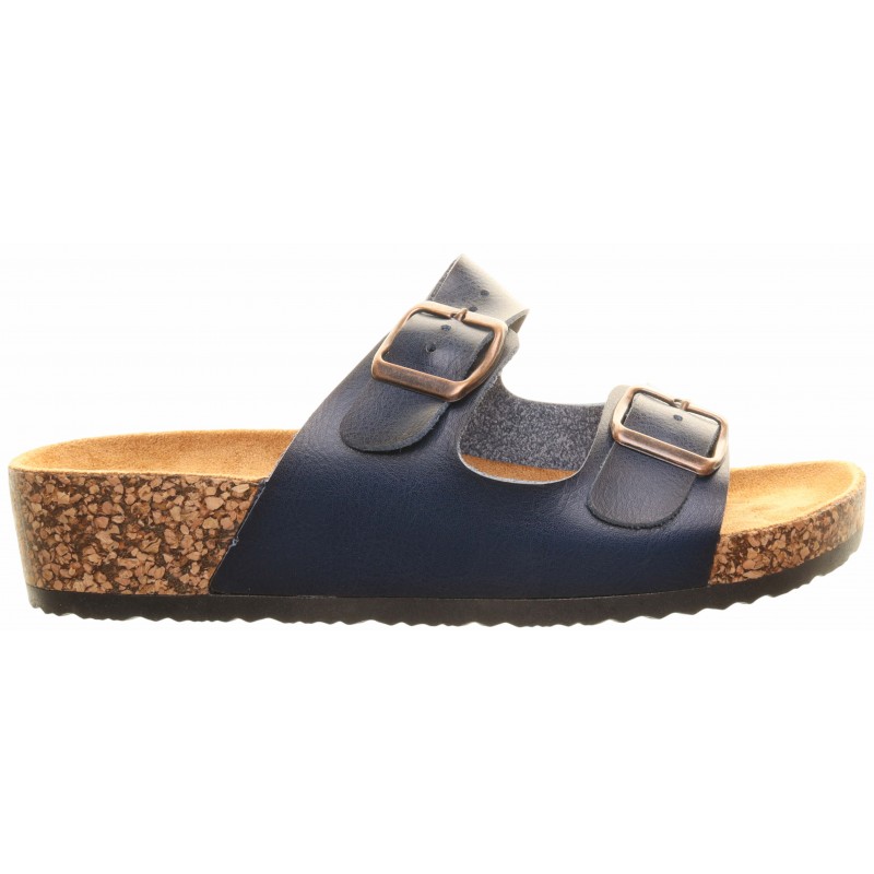 Heavenly Feet Navy Two Strap Low Wedge Foot-Bed Mules