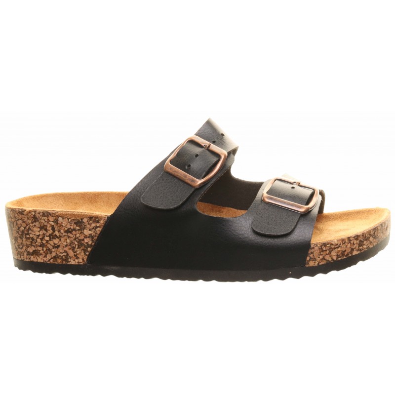 Heavenly Feet Black Two Strap Low Wedge Foot-Bed Mules