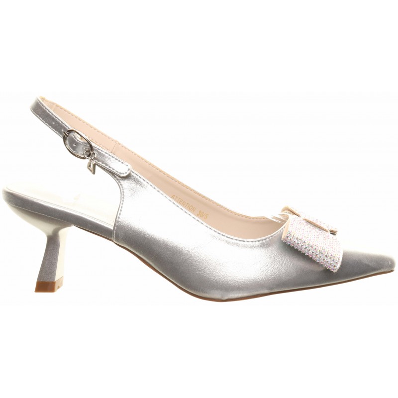 Una Healy Silver Kitten Heel Flat Bow Trim Courts