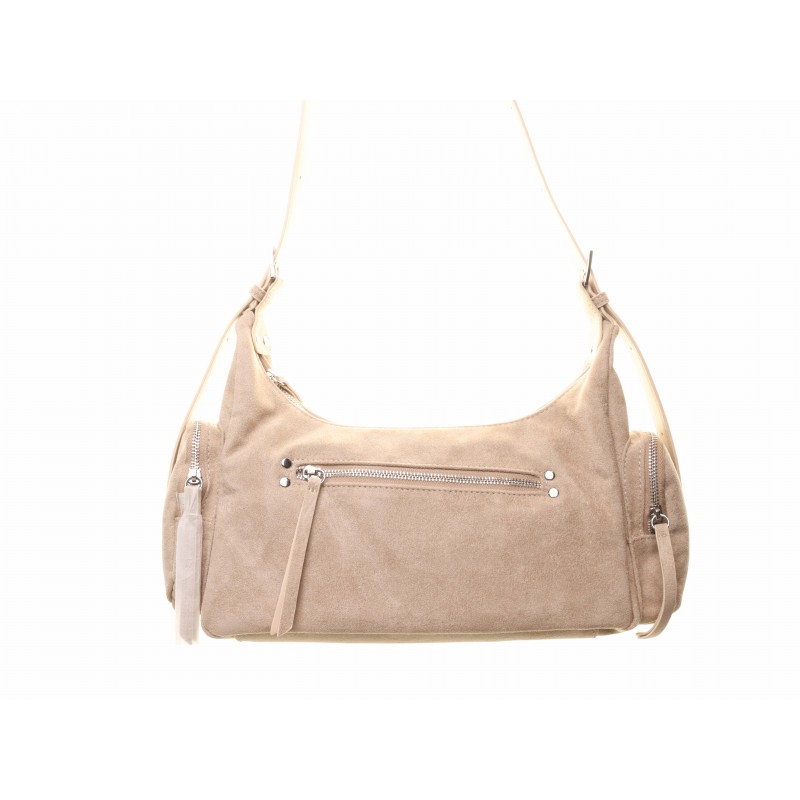Beige Suedette Front Zip Shoulder Bag