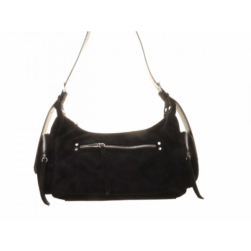 Black Suedette Front Zip Shoulder Bag