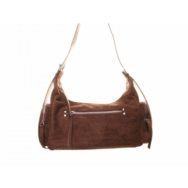 Brown Suedette Front Zip Shoulder Bag