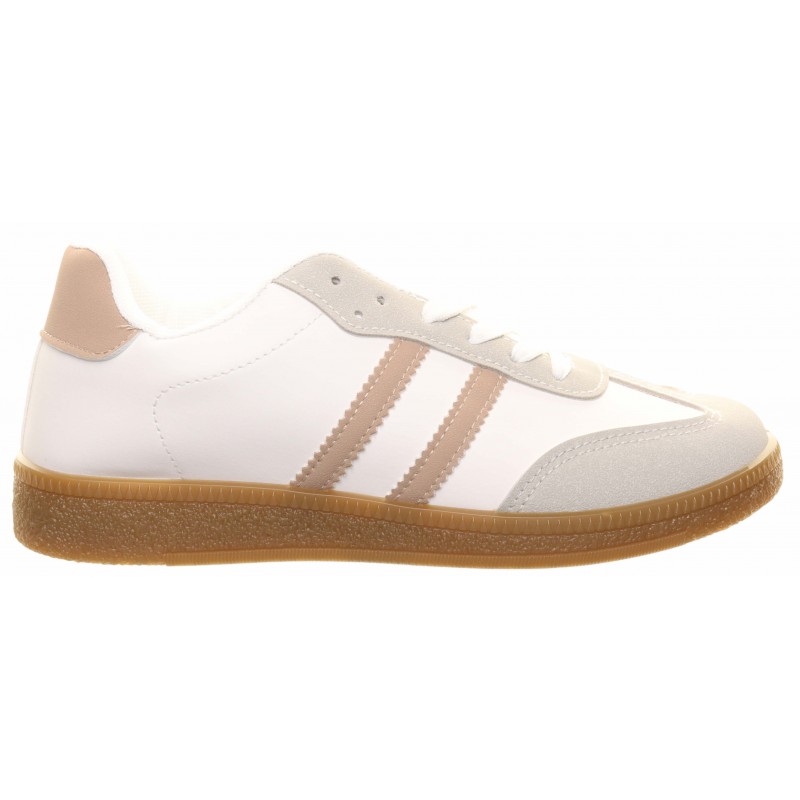 Beige White Two Stripe Gum Sole Trainer