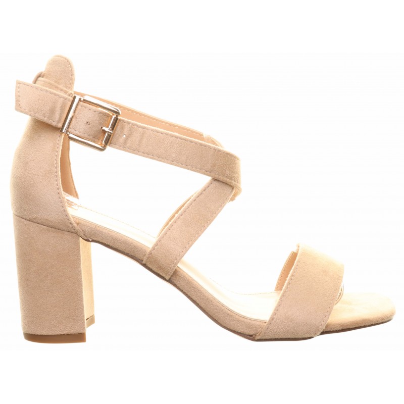 Beige Cross Strappy Block Heel Sandal