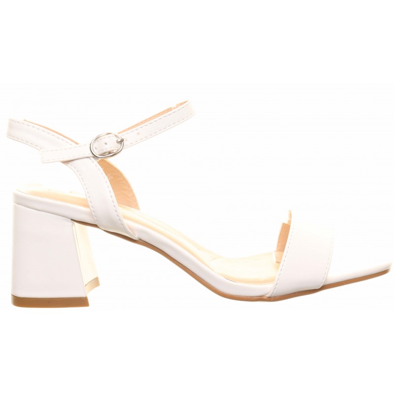 White Two Part Low Block Heel Sandals