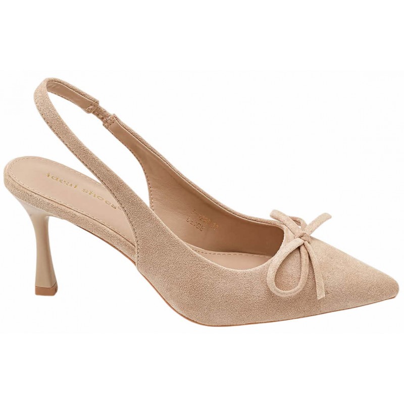 Beige Front Tie Bow Mid Heel Courts
