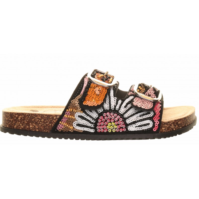 Black Omg Floral Sequined Foot Bed Sandals