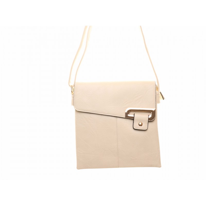 Beige Flap Over Gold Clip Cross Body Bag