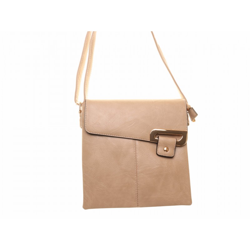 Taupe Flap Over Gold Clip Cross Body Bag