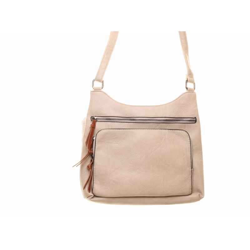 Beige Front Pocket Zip Shoulder Bag