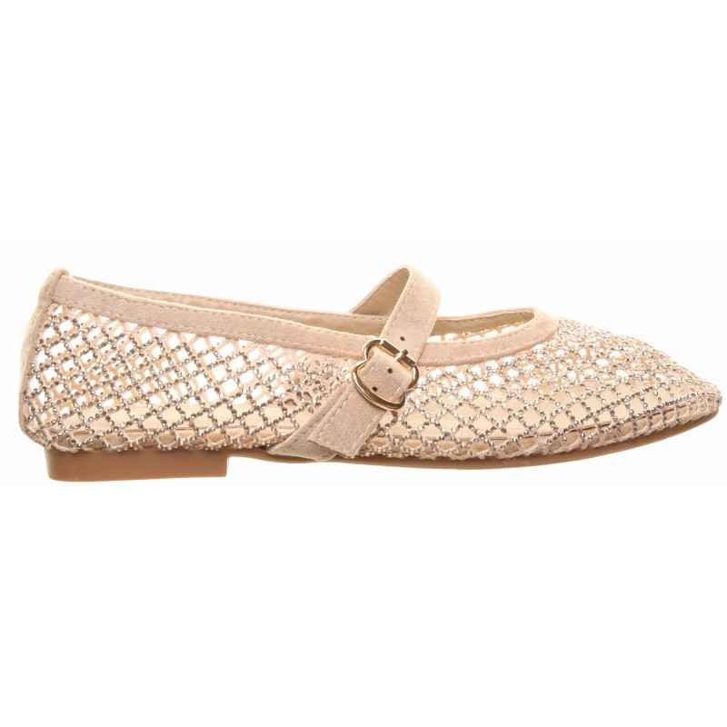 Beige Flat Instep Strap Mesh Pump