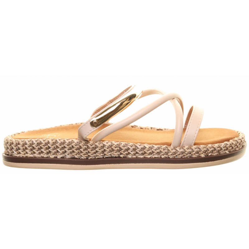 Beige Flat Strappy Gold Trim Sandals